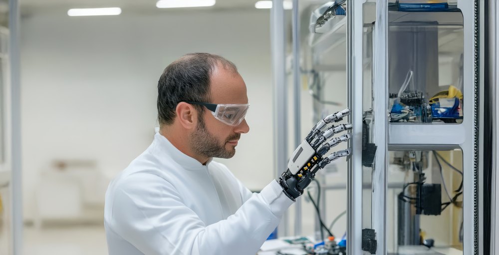 AI-generisana slika: naučnik sa zaštitnim naočalama radi na robotskoj ruci u laboratoriji