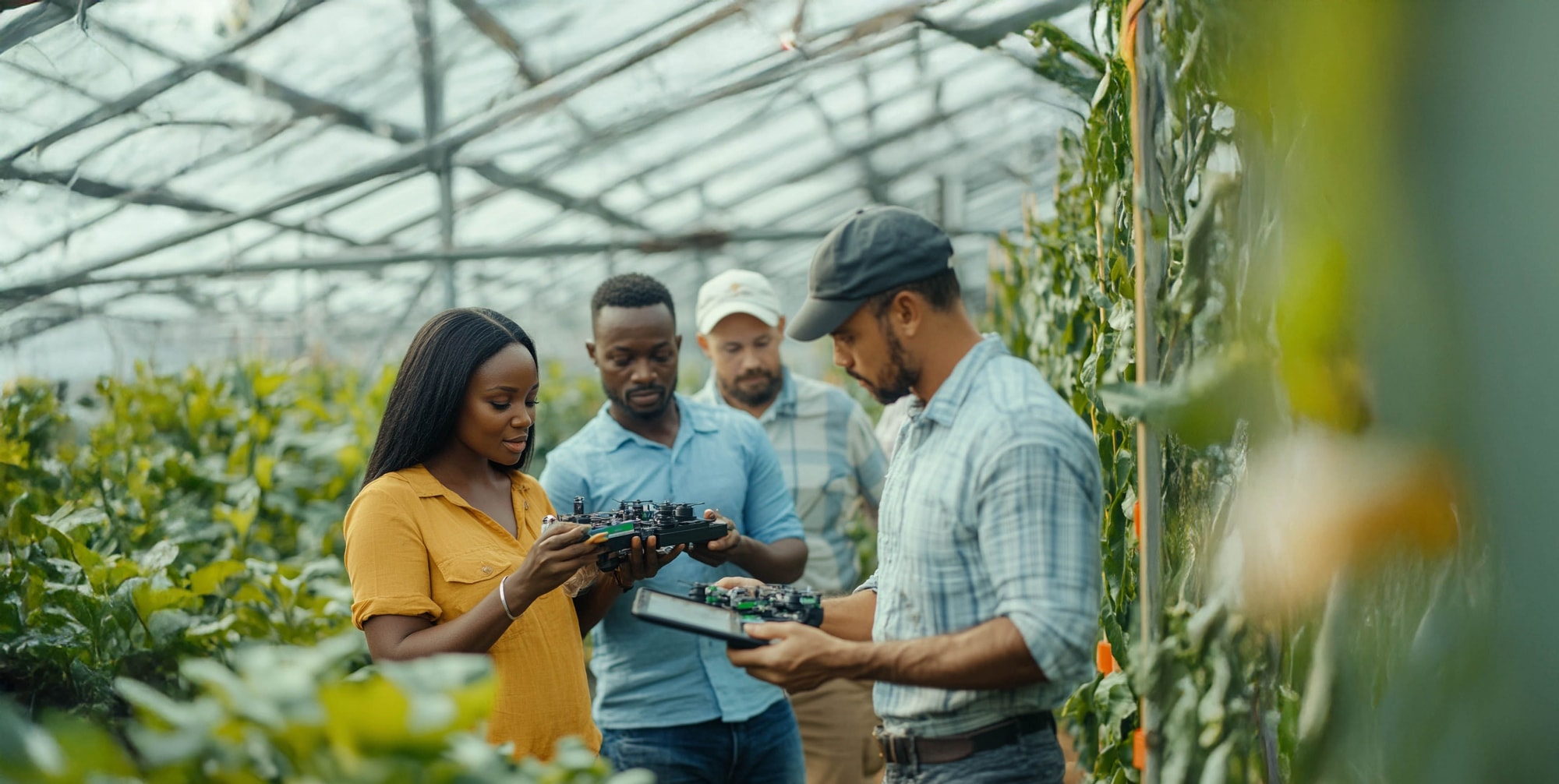 Diverse farmers inspecting smart-farming technology in a field — agritech generated image