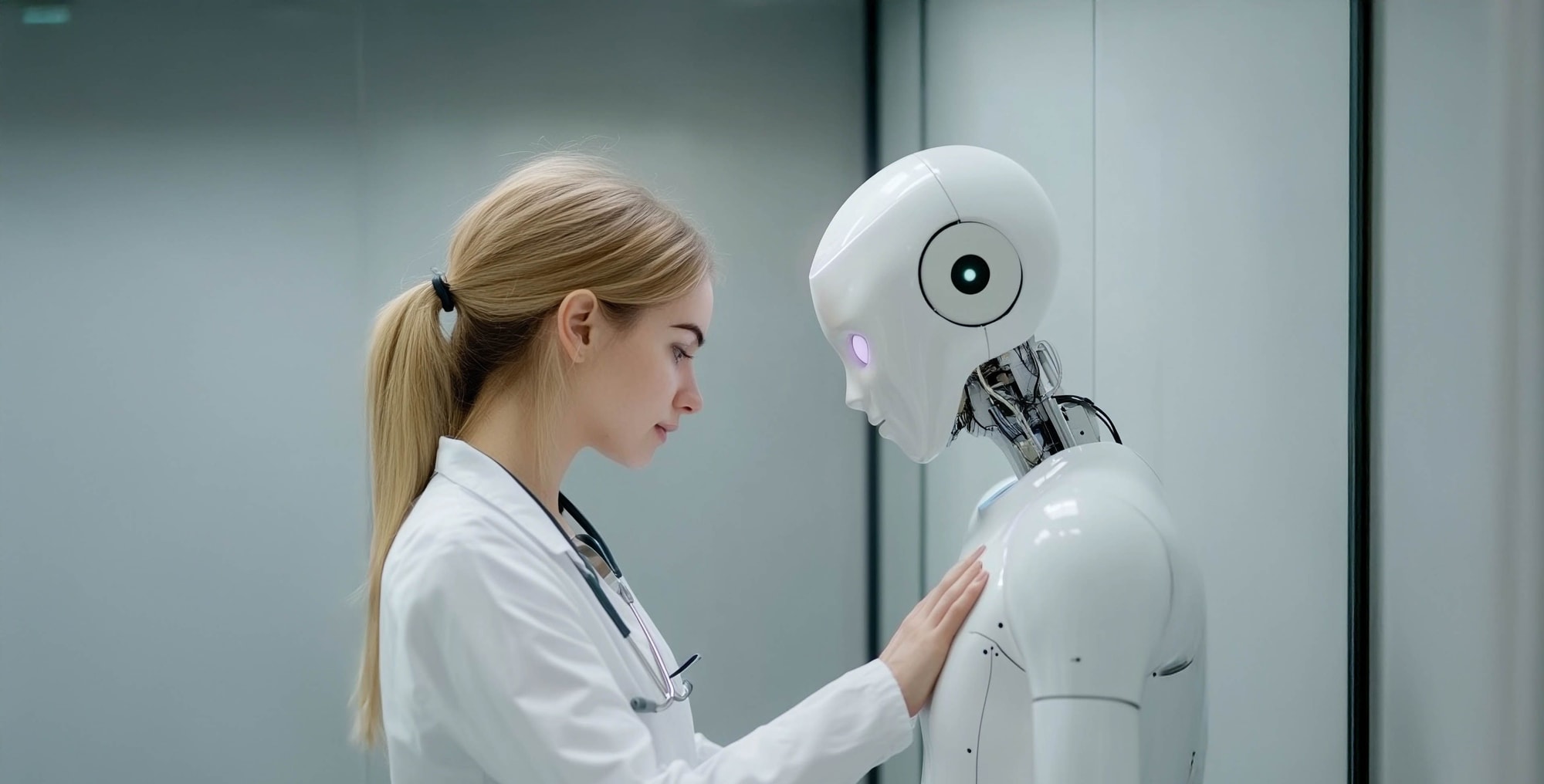 Robotics engineer calibrating a robotic prosthetic hand — advanced medical AI imagery
