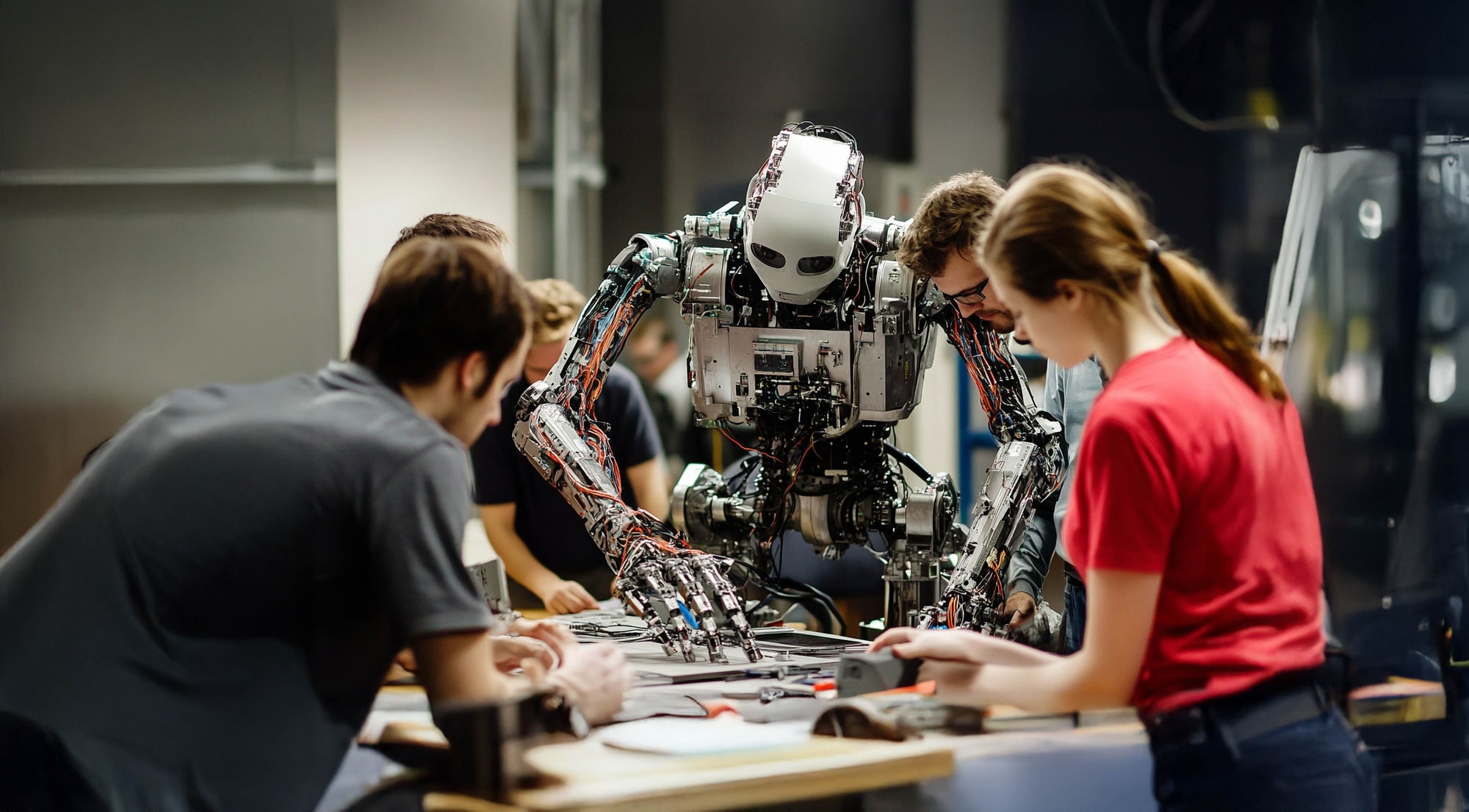 Humanoid robot assisting an elderly man in a care setting — healthcare robotics