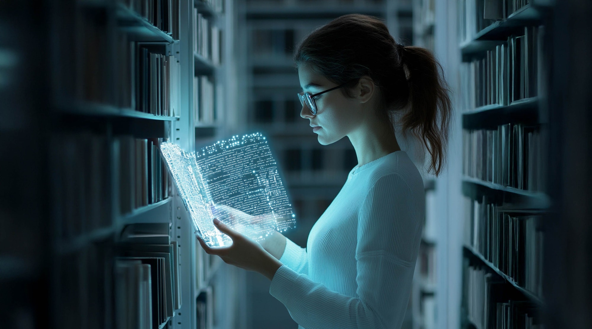 Young student using hologram technology and AI to search for a book in the library